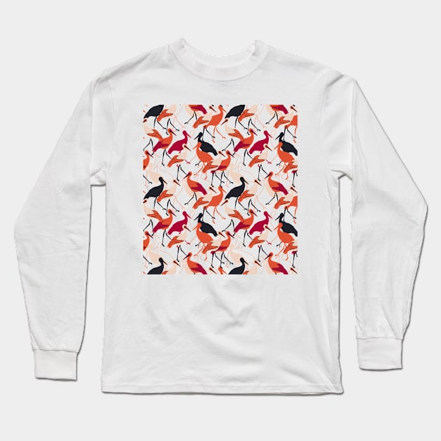 Red and White Stork Birds Seamless Pattern Long Sleeve T-Shirt by FlinArt